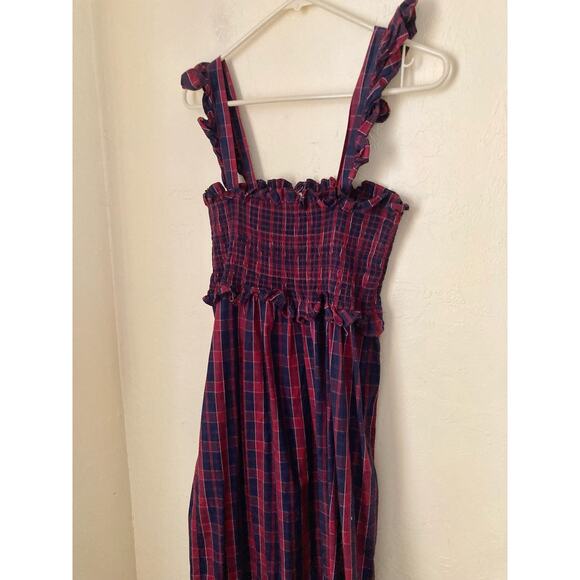 Nicole Miller Women's Midi Dress Size L Red Dark Navy Blue Plaid Ruffle NWOT - Picture 5 of 5